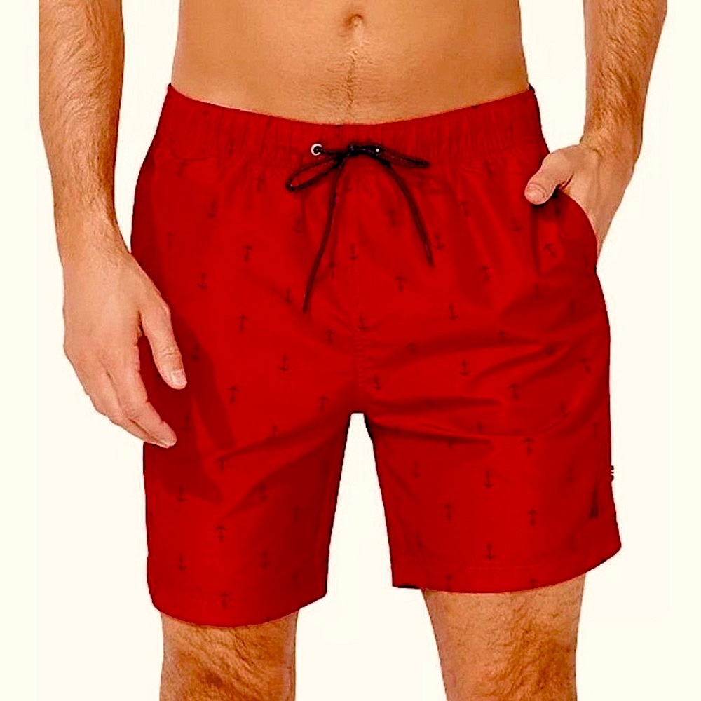 NEW!  NAUTICA MEN'S SWIM TRUNKS w/ ANCHOR PRINT in QUICK Dry Material RED SIZE L